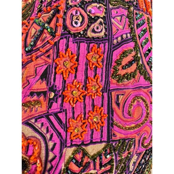 Vintage Silk Beaded Floral Sequin Jacket L Pink Avant Garde Swing Coat Patchwork - Picture 10 of 15